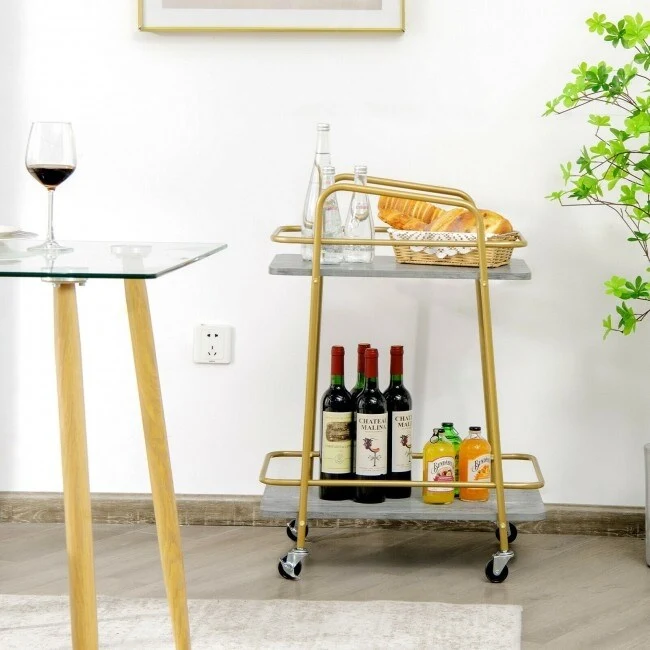 2-tier Kitchen Rolling Cart with Steel Frame and Lockable Casters-Gray - 16 x 24 x 32.5 (L x W x H)