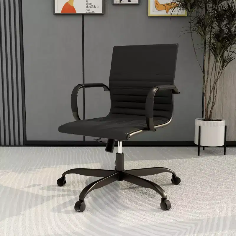 LeisureMod Harris Black Ribbed Vegan Leather Desk Chair - Matte Black Iron Swivel Base - Modern Conference & Office Seating