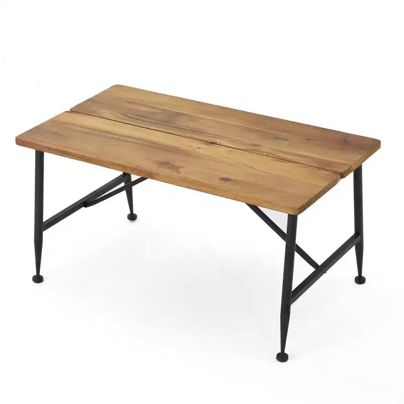 Christopher Knight Home Gabriel Modern Patio Rectangle Acacia Wood and Iron Coffee Table with Angled Tubular Legs
