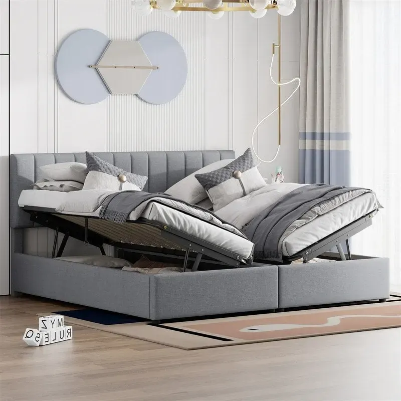 King Size Lift Up Storage Bed with Headboard and Underneath Storage, Upholstered Platform Bed with a Hydraulic Storage System