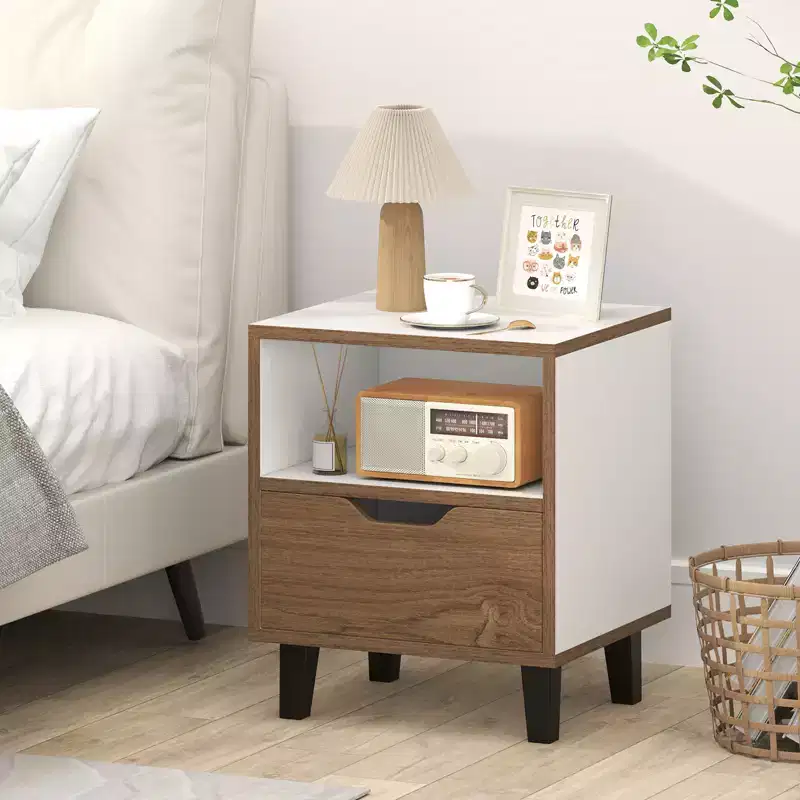 Costway Nightstand Mid Century Modern Bedside Table w/ Drawer Open storage Shelf