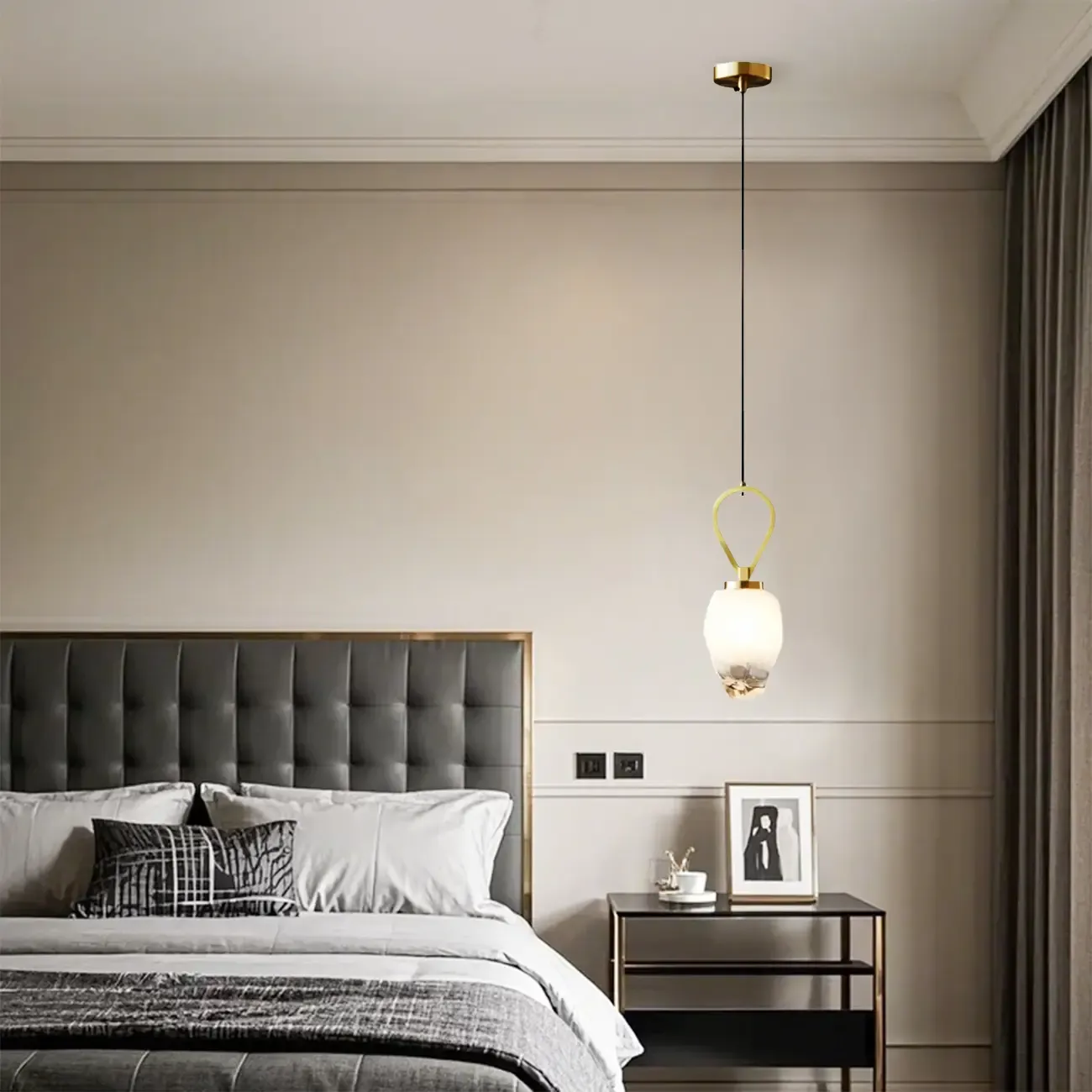 White Glass Pendant Light with Long Cord for Bedside