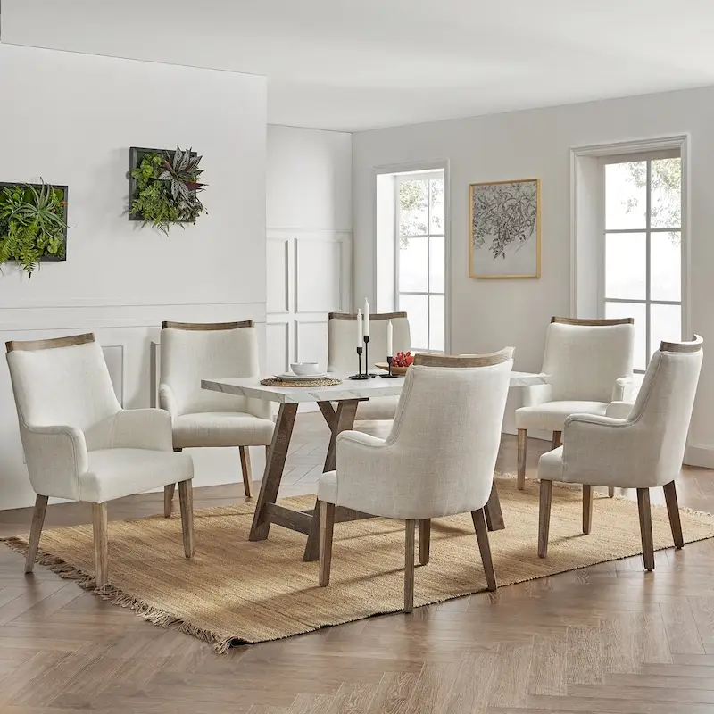 Farmhouse Upholstered Solid Wood Dining Chair Set of 6, Linen Fabric Seat