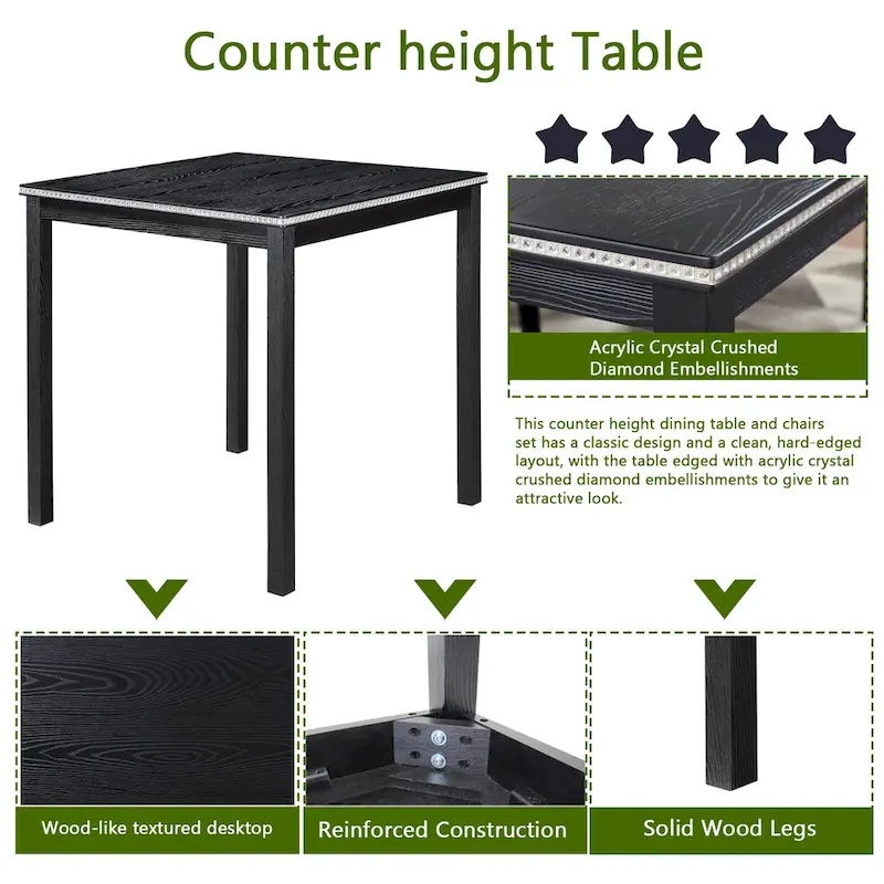 5 Pcs Counter Height Dining Table Set, Wooden Diningroom Furniture Set with Square Table and 4 Upholstered Chairs