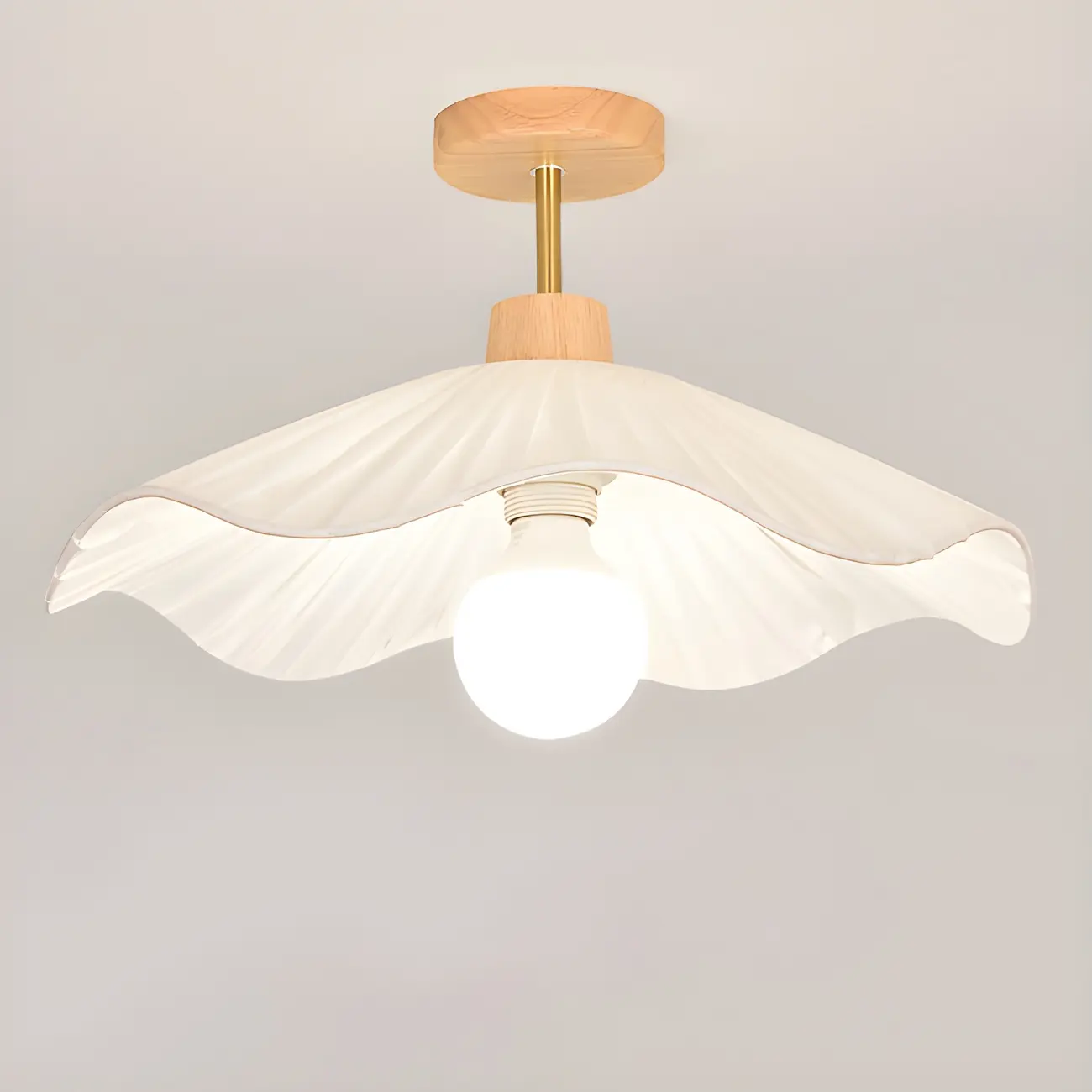 Natural Finish Wood Semi Flush Ceiling Light with Fabric Shade