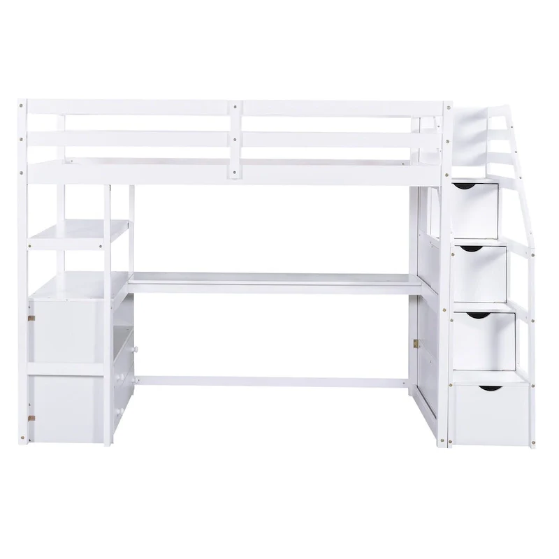 White Pine Loft Bed with Desk, Shelves, Storage Drawers, Storage Staircase
