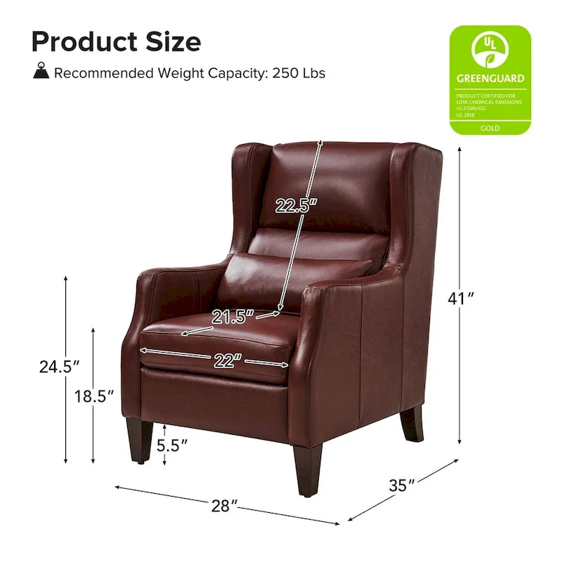 Genuine Leather Wingback Armchair with Pillow