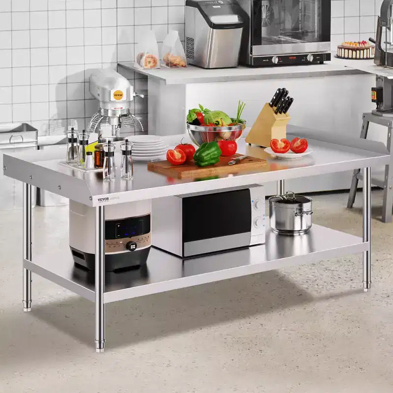 VEVOR Stainless Steel Work Table, 30 x 60 x 26 Inch Commercial Food Prep Worktable, 3-Sided Backsplash Heavy Duty Prep Worktable