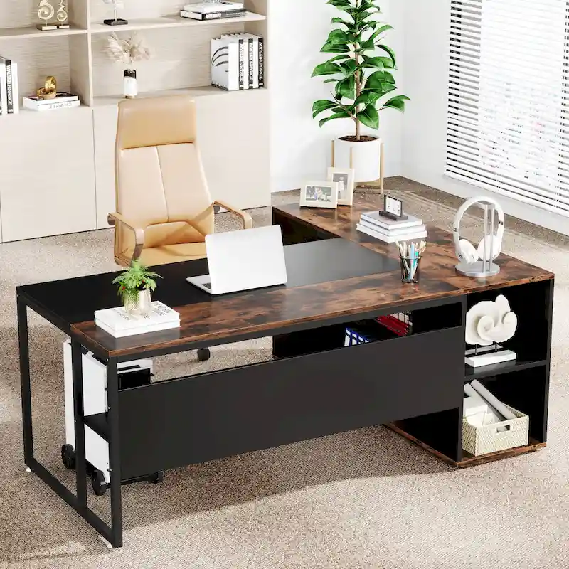 71 inch L Shaped Computer Desk with Cabinet
