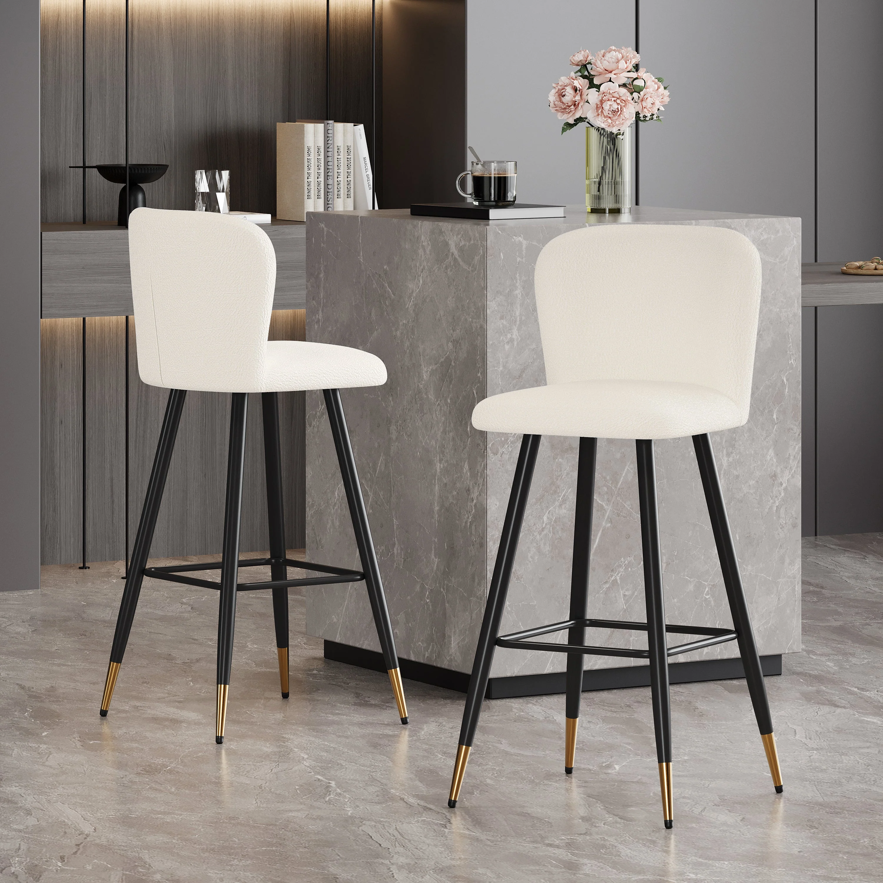 Modern Beige Upholstery Fabric Bar Stools with Footrest