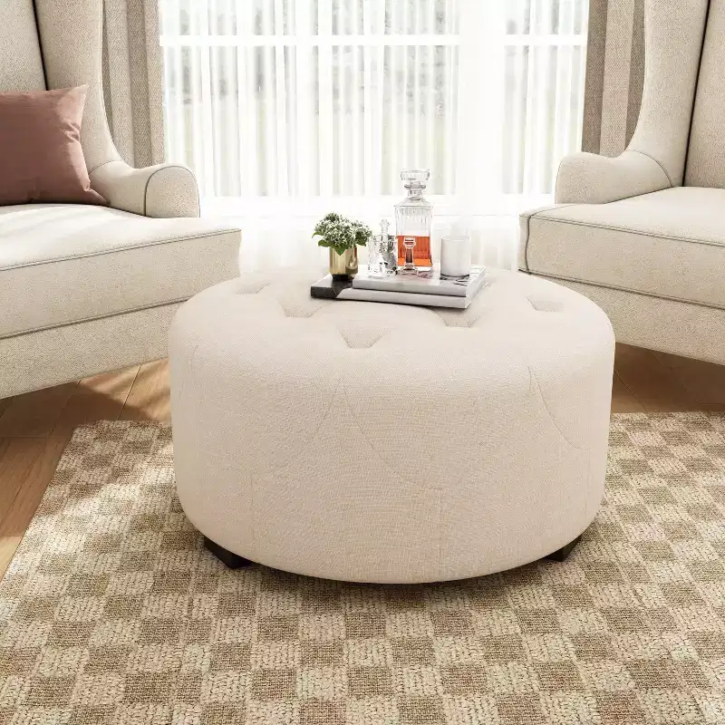 ModernLuxe Round Button Tufted Ottoman, PU/Linen Upholstered Footstool with Birch Wood Legs