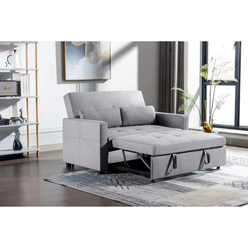 55.12 3-in-1 Linen Loveseat Convertible Sofa Bed with Side Pocket and Pillows