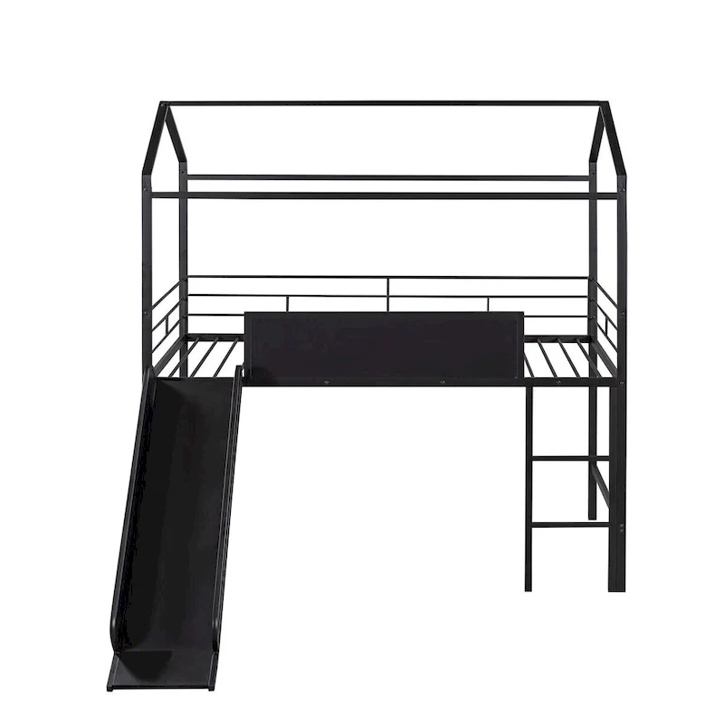 Merax Metal Twin House Loft Bed with Two-sided writable Wooden Board, Slide