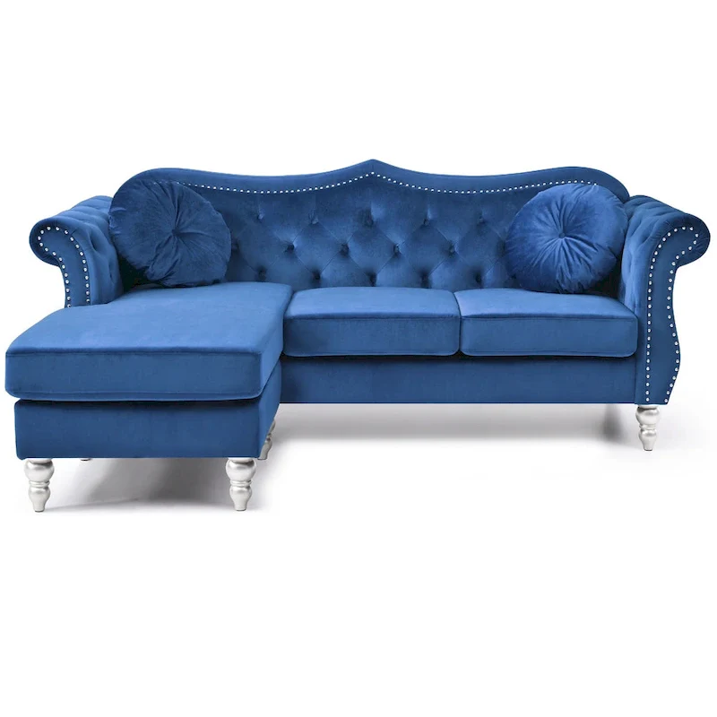 Blue Velvet Chesterfield Sectional Sofa with Throw Pillows, Seats 3