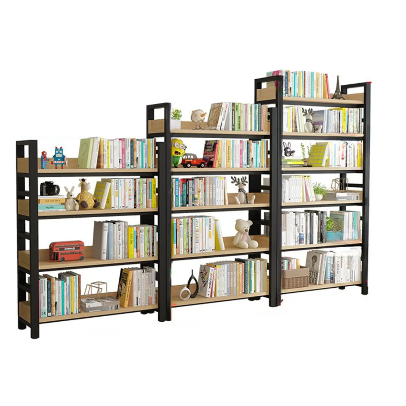 Freestanding Simple Multi-Layer Wood Bookshelf in Steel Frame