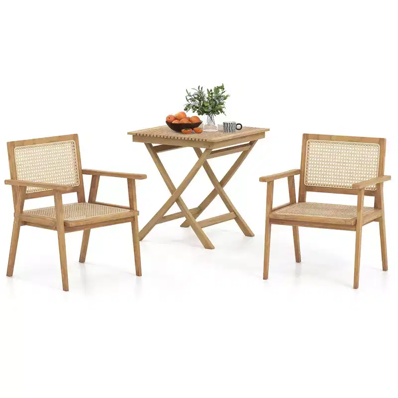 Costway 3 Pieces Patio Table Chair Set Wood Bistro Set with Natural Rattan Seat & Indonesia Teak Wood Frame