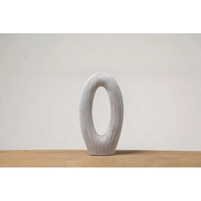 O Shaped Needley White Striped Textured Polyresin Vase