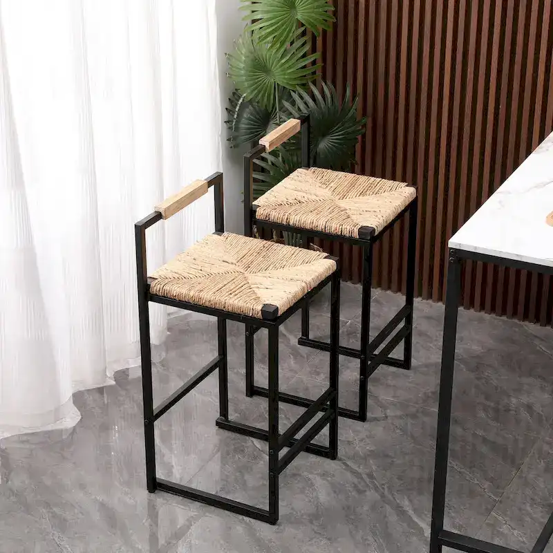 Hand Weave Bar Stools, Counter Height Bar Stools with Metal Support Legs, Kitchen Island Stools with Back and Footrest