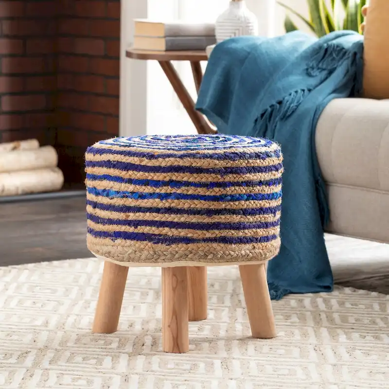 Hand Crafted Bohemian Jute and Wood Foot Stool