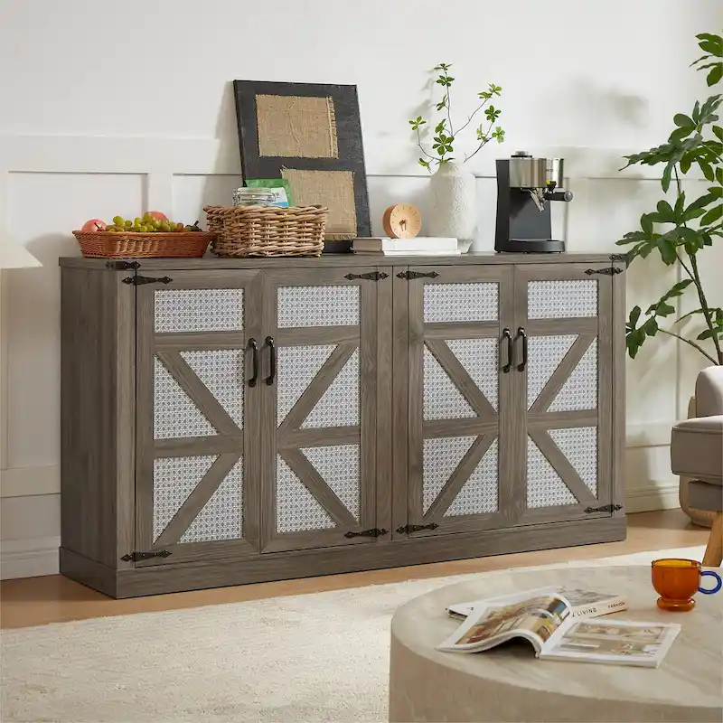 65-Inch Slate Gray Faux Rattan Sideboard with Barn Doors Rustic Sideboard,4-Door Storage for Living Room,Entryway,Dining Room