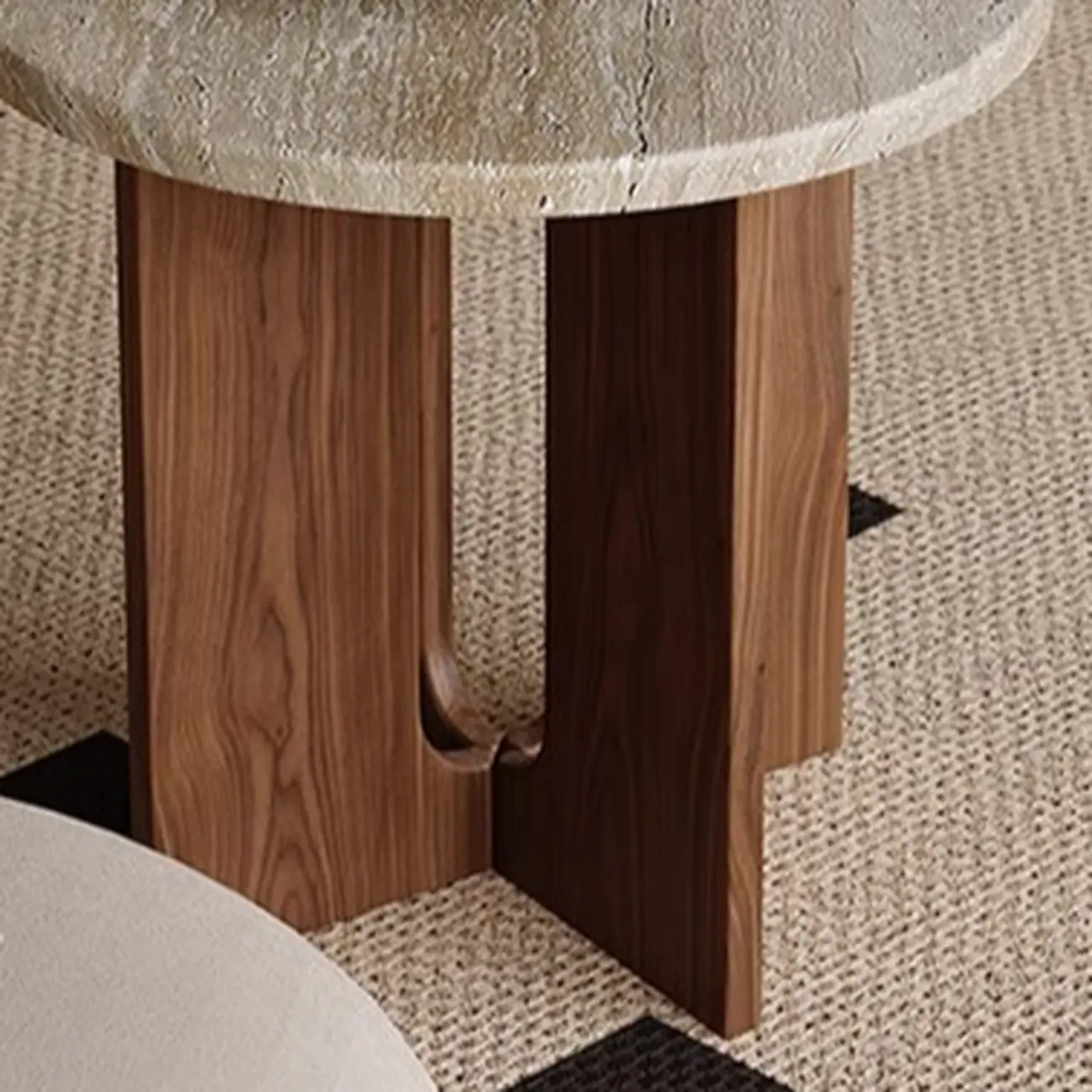 Modern Travertine TOP Round Accent Table with Wood Base