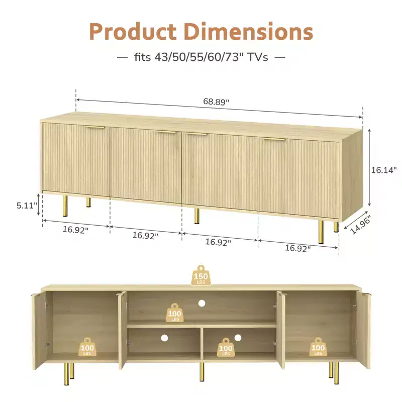Zevemomo 68.89 TV Stand for TVs up to 75'', Fluted TV Console with 5 Storage Compartments & Sturdy Metal Legs, for Living Room, Natual Oak