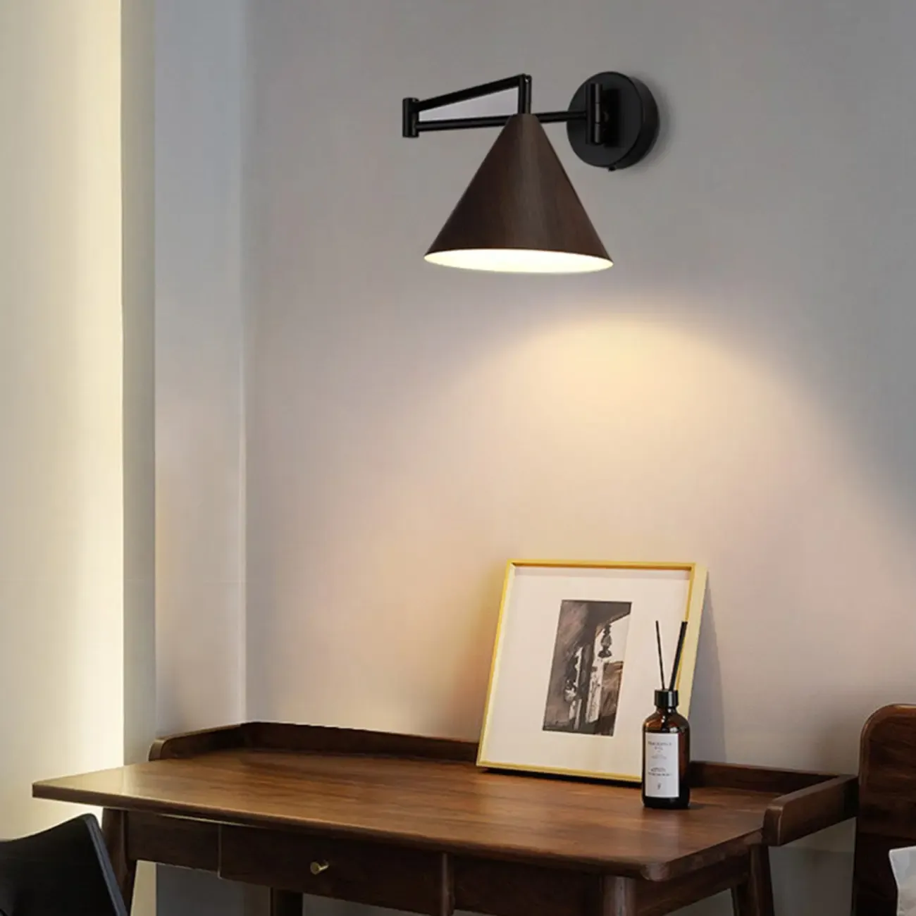 18 Small Bedside Swing Arm Wall Light with Wooden Shade