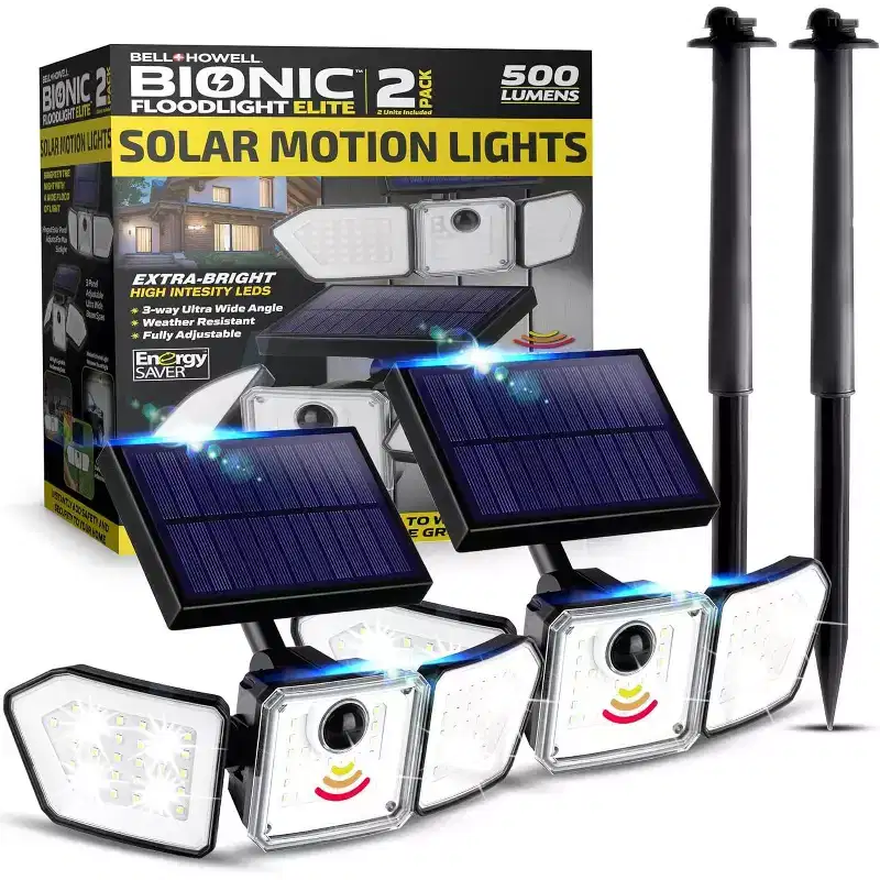 Bell + Howell Solar Lights 2 Packs Bionic Floodlight Elite Solar Powered Outdoor Lights Weatherproof Motion Sensor Security Solar Lighting