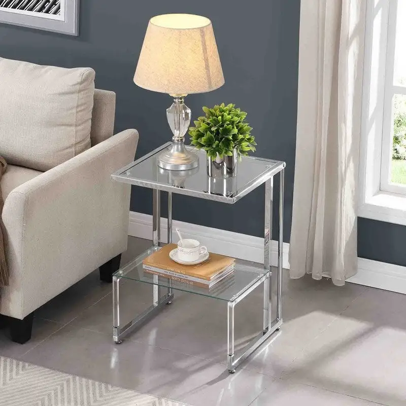 Contemporary Style 2-Tier End Table Sofa Side Table with Tempered Glass Shelves and Metal Frame