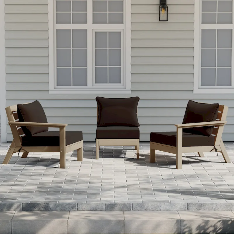 Polytrends Birchwood All Weather HDPE Outdoor Patio Deep Seating Weathered Wood Sofa With Cushions (3-Piece)