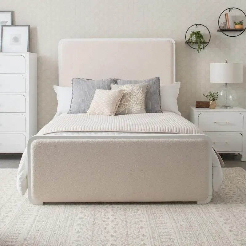 Pearl White and Beige Panel Bed with Support Leg