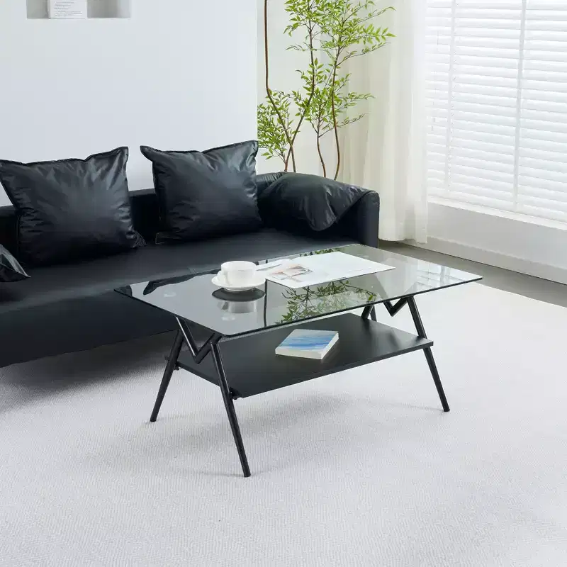 GDFStudio Sardis Modern Coffee Table with Tempered Glass Top and Wood Shelf