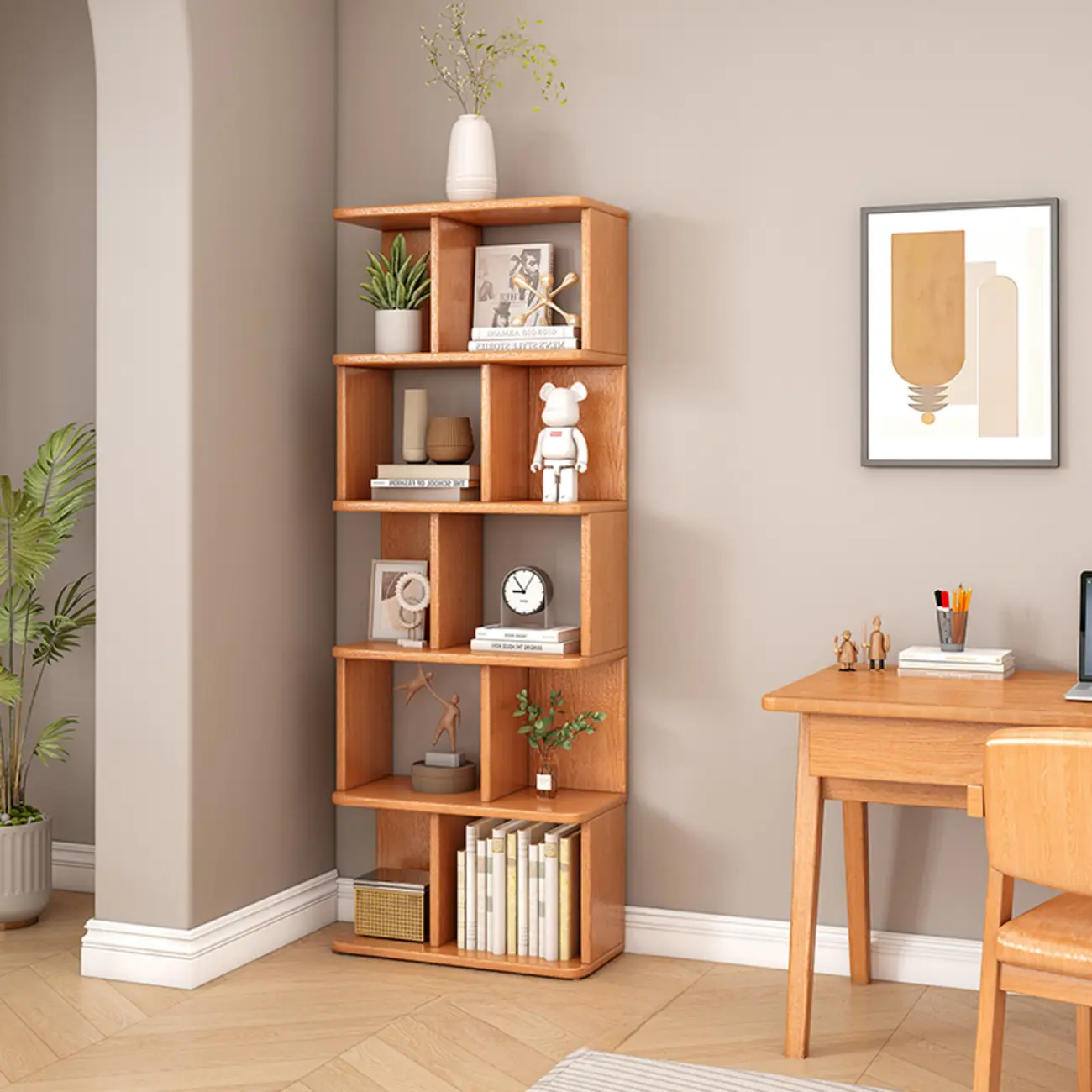 Mid-Century 6-Tier Open Back Wooden Bookshelf