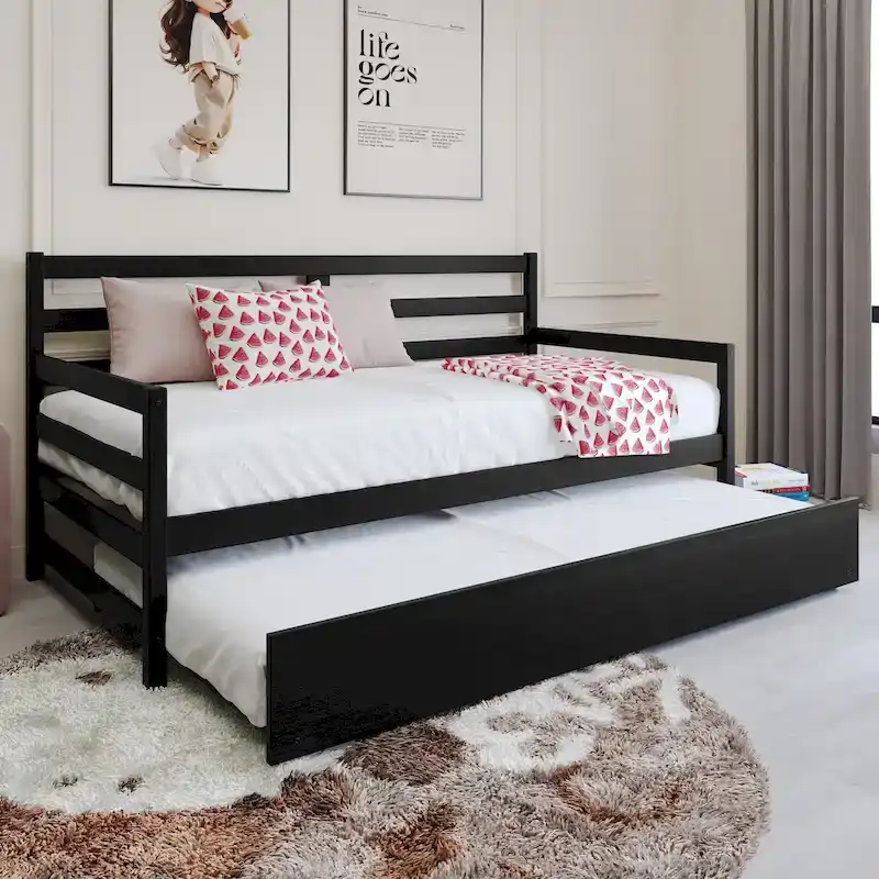 White/Walnut/Black/Light Oak/Antique Grey Railing-Style Twin Daybed with Trundle
