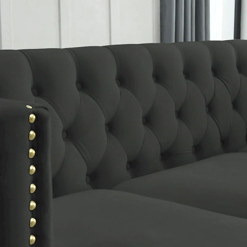 Velvet Upholstered 3 Seat Sofa, Classic Chesterfield Couch Buttons Tufted Square Arm Sofa with Nailheads and Metal Legs