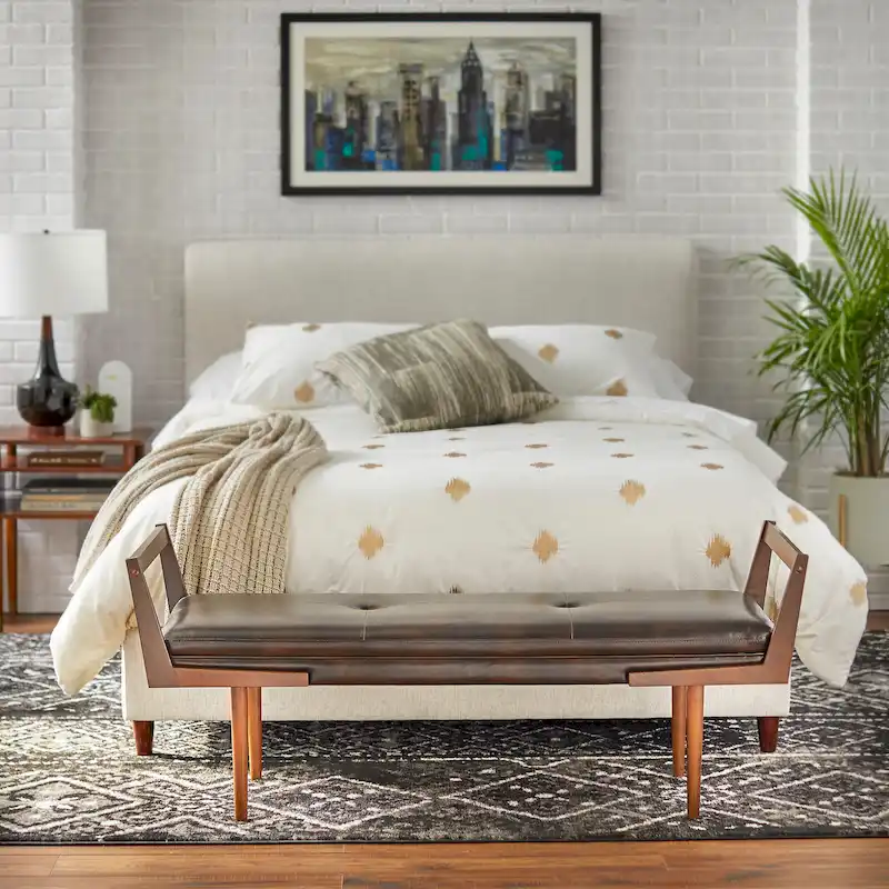 Upholstered Mid-Century Bench with Button Tufting – Taupe / Charcoal Grey / Brown Faux Leather, Walnut Legs