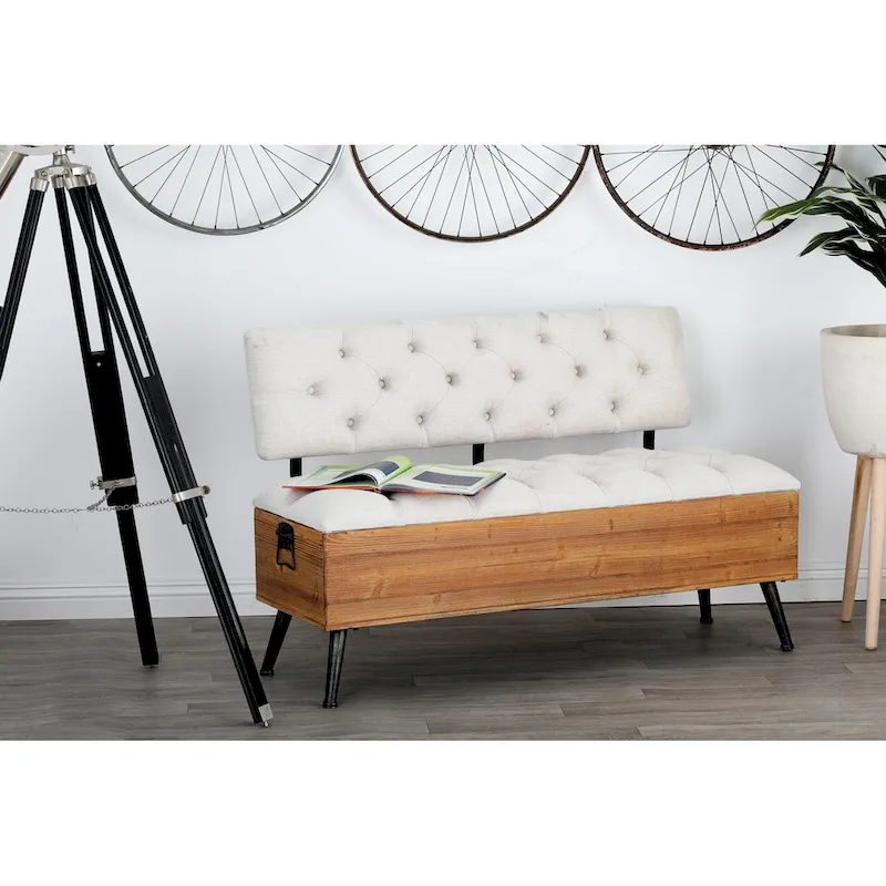 White Industrial Tufted Storage Bench, 2-Seat