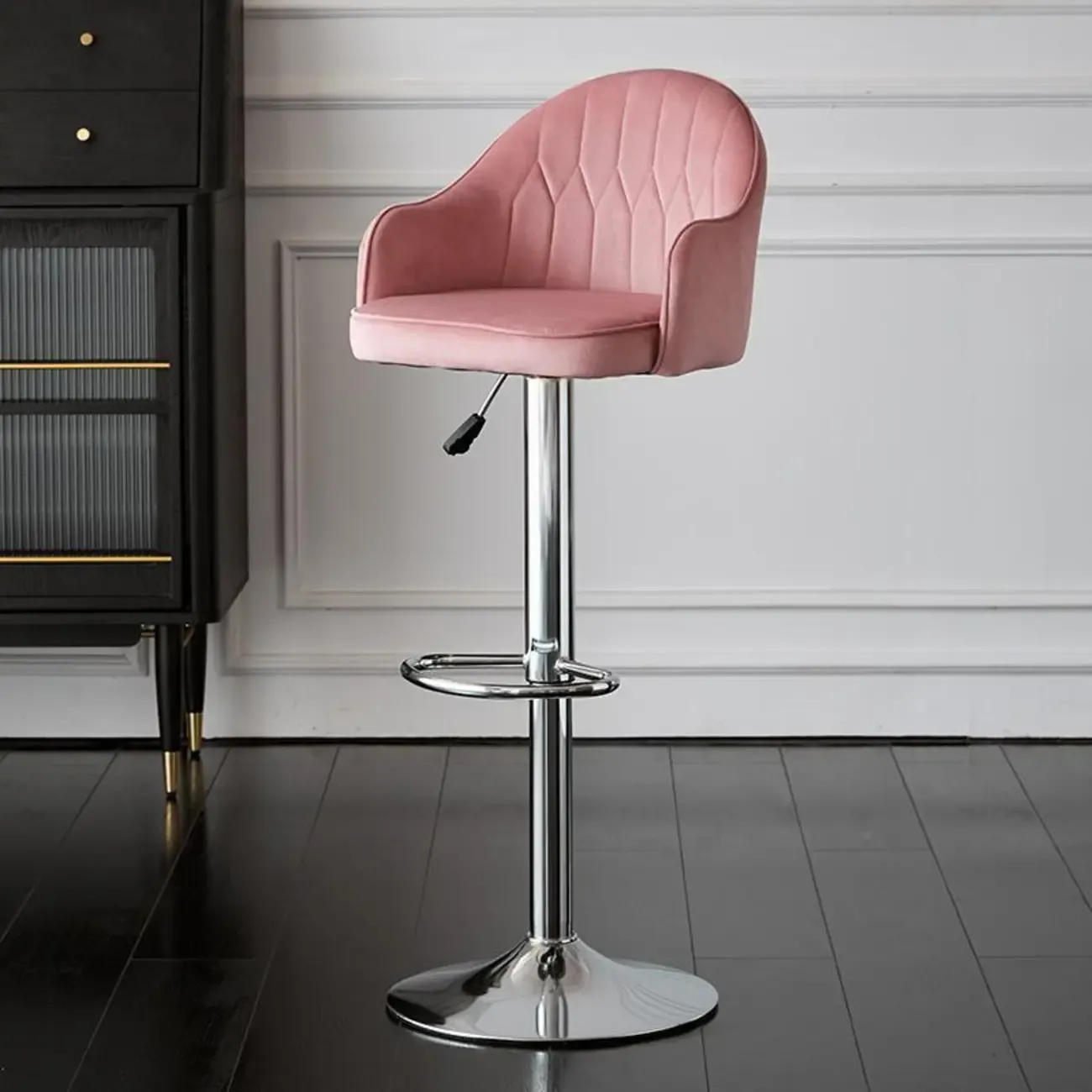 Swivel Upholstered Adjustable Height Home Armed Barstool with Metal Base