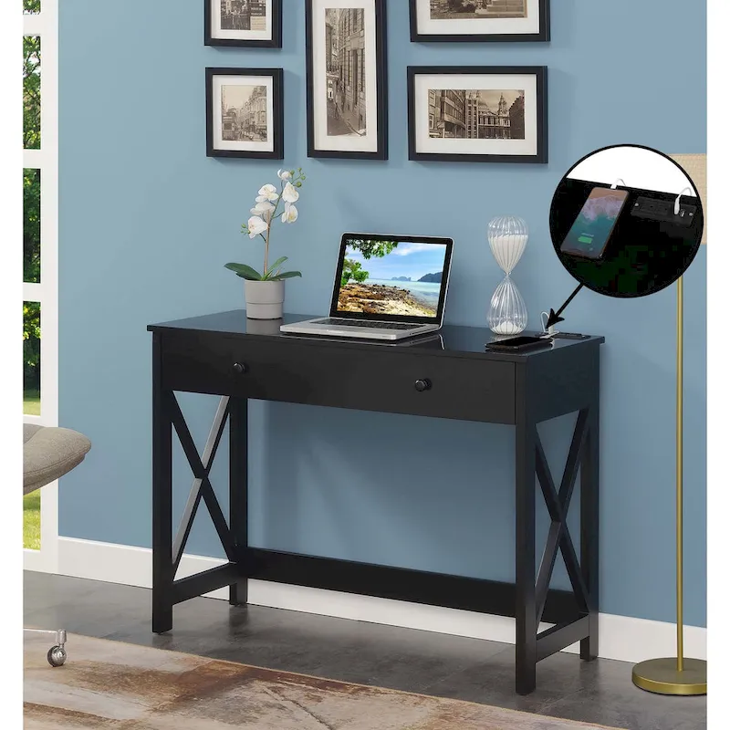 Black / White Writing Desk with Charging Station, 1-Person, 1 Drawer