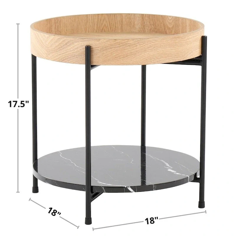 Natural Wood Round End Table with Black Metal Frame and Marble Shelf