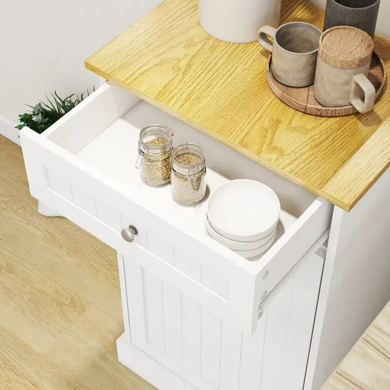 White/Black Tilt-Out Trash Cabinet with Drawer, Single Compartment