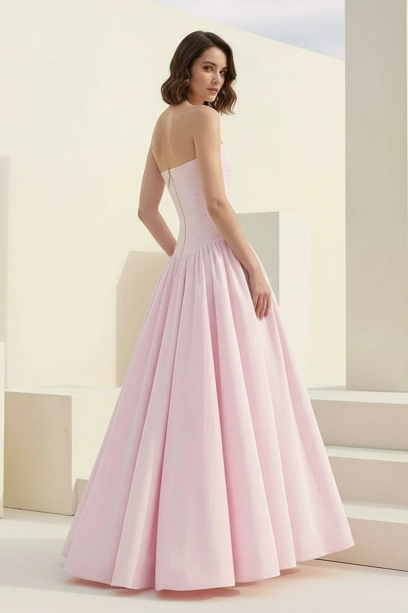 Pink - Strapless A Line Satin Pleated Prom Dresses With Slit