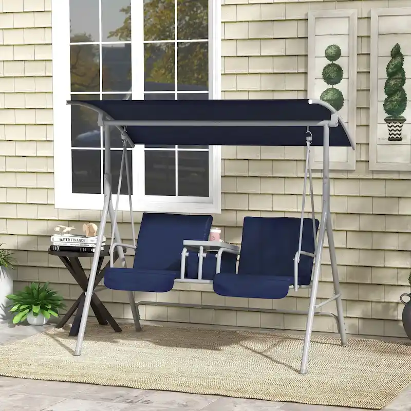 Outsunny 2 Person Porch Swing with Stand, Outdoor Swing with Canopy, Pivot Storage Table, 2 Cup Holders, Cushions for Patio,