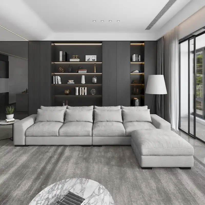 150 Wide L-Shape Linen Sofa Couch, Modern Feather Filled Sectional Sofa Couch with Ottoman