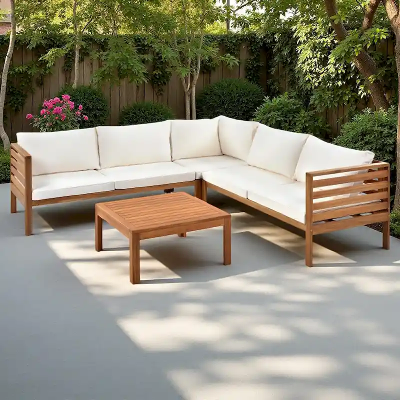 4-Pieces Outdoor Acacia Wood L-Shaped Sectional Sofa Set with Coffee Table