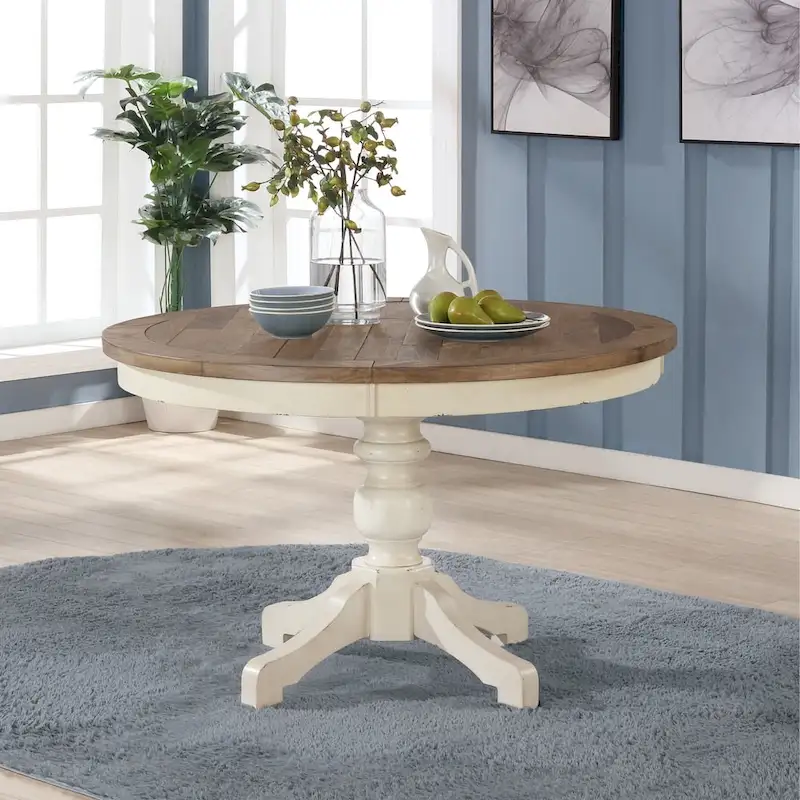 Round Antique White and Distressed Oak Two-tone Finish Wood Dining Table