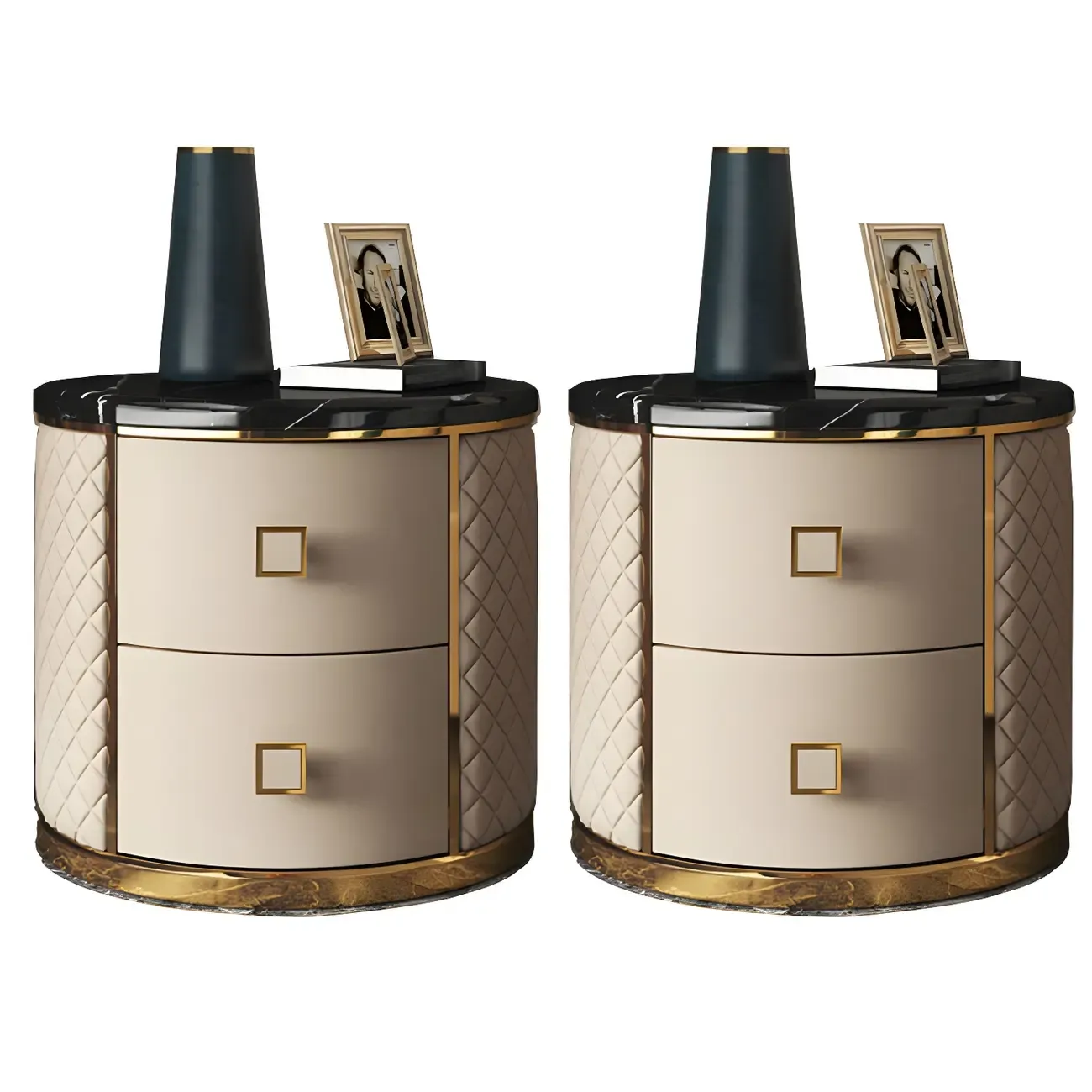 Glam Round Leather Nightstand with Marble Countertop 2 Drawers