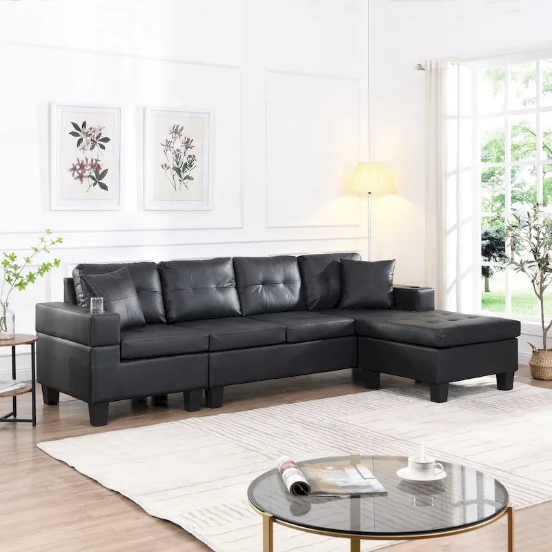 Black 96.06 Contemporary L-Shaped 4-Seater Sectional Sofa with Chaise Lounge, Cup Holders, and Throw Pillows Included