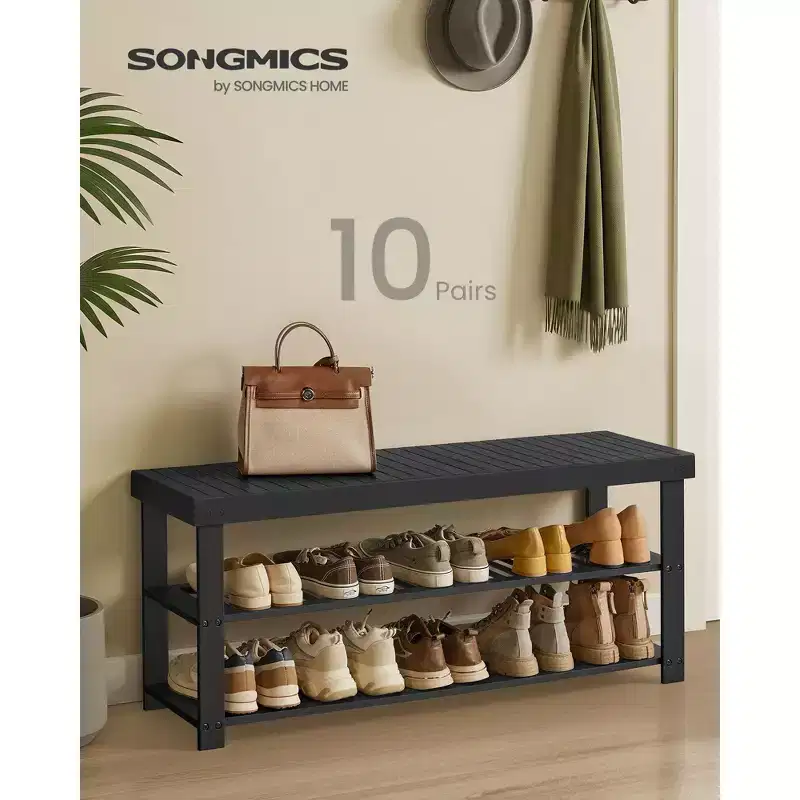 SONGMICS Shoe Rack Bench, 3-Tier Bamboo Shoe Storage Organizer, Entryway Bench, Holds Up to 286 lb, for Entryway Bathroom Bedroom, Ink Black