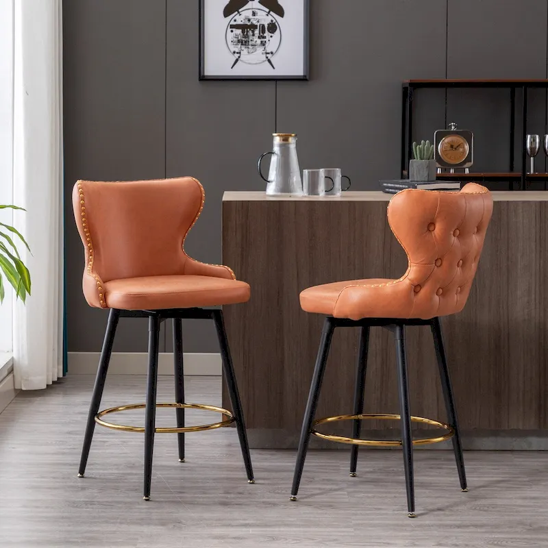 Orange / Light Grey / Dark Grey / Beige Swivel Bar Stool with Tufted Leathaire & Gold Nailhead Trim, Set of 2
